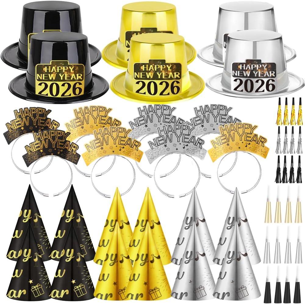 HEYPRIIL Upgraded Happy New Years Eve Party Supplies Hats 2026 for 26 Guests, New Year Decorations Hats Headband Cone Hat Noise Makers Party Favor Tiaras NYE Accessories