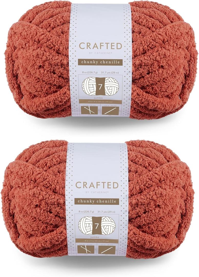 Crafted by Catherine Chunky Chenille Yarn - 2 Pack (8 oz / 227 g, 31.7 Yards Each Skein), Clay, Gauge 7 Jumbo