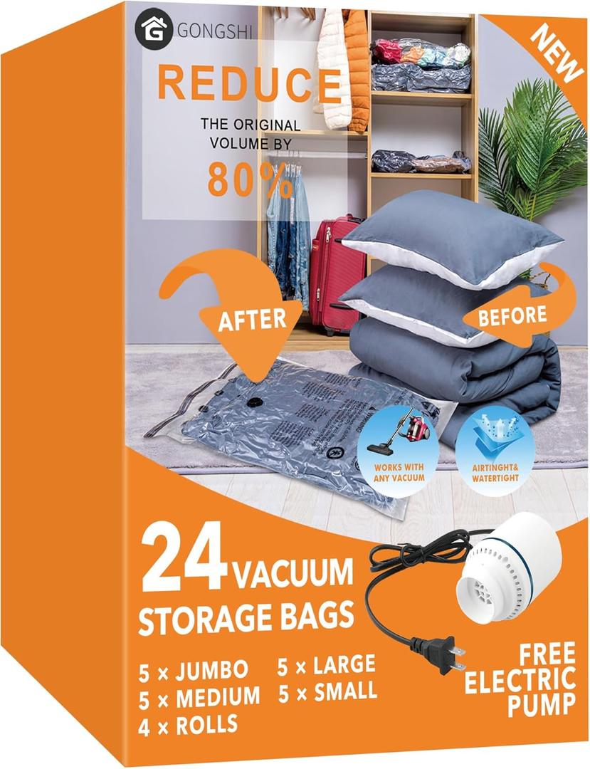 GONGSHI Vacuum Seal Bags for Clothing, Travel & Home Storage, Travel Vacuum Bags with Pump, Space Saver for Blankets, Comforters, Pillows, Clothes, 24 Combo with Electric Pump