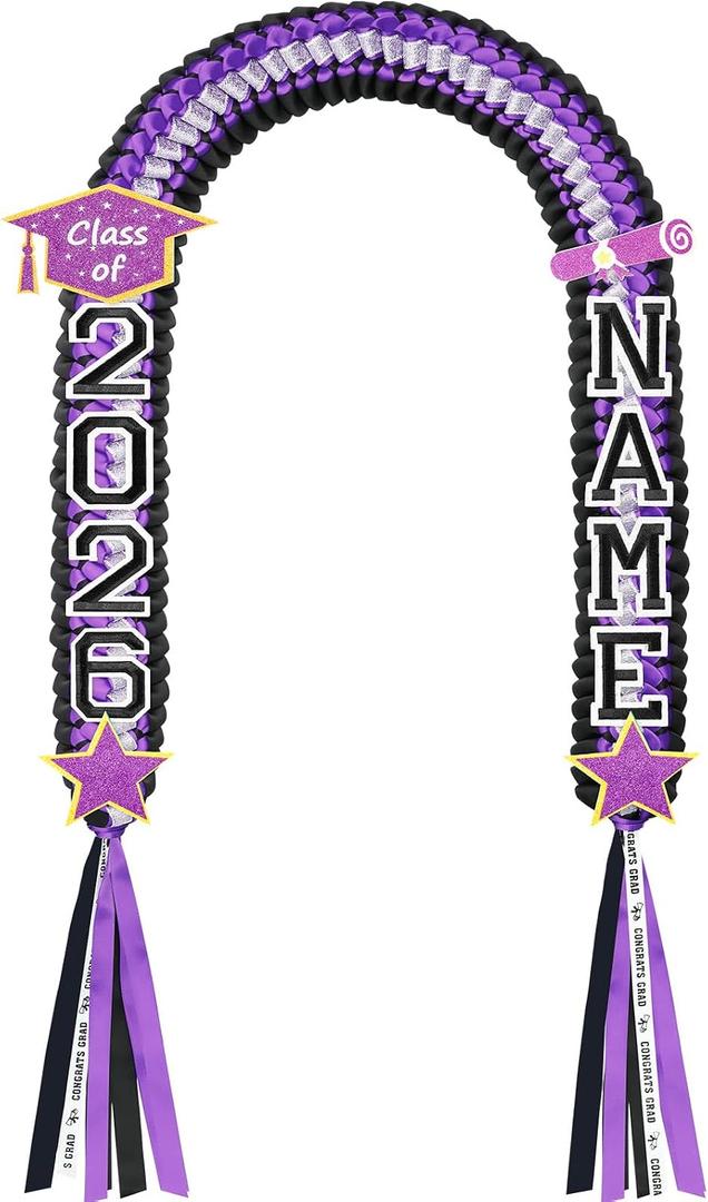 Juexica Graduation Lei Class of 2026, Graduation Ribbon Money Lei Personalized DIY Name Braided Necklace for Women Men Congrat Grad Party Gift Accessories(Purple,1 Set)