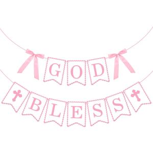 God Bless Banner Pink Bow Baptism Banner Cross Banners Double Layers Pink Baptism Decorations for First Communion Confirmation Decorations Baby Girl Shower Decoration