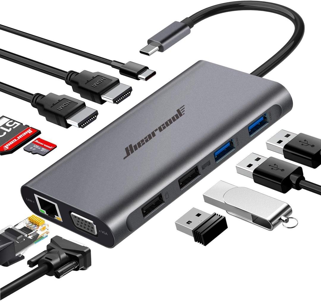Hiearcool USB-C Docking Station for Laptop, Triple Display Dock with 4K HDMI & 1080p VGA, 11-in-1 USB-C Dock with Ethernet, 100W Charging for Home Office