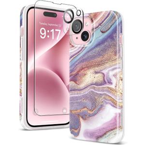 GVIEWIN Marble for iPhone 15 Case, with Screen Protector & Camera Lens Protector, [10FT Military Grade Drop Protection] Slim TPU Phone Case Cover Women for iPhone 15 6.1" 2023 (Flowing Sakura/Pink)