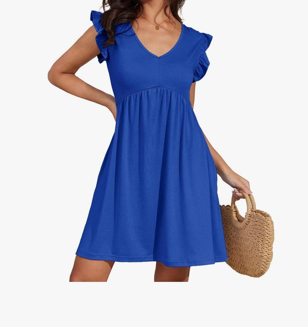 Jayscreate Women's Tie V Back Baby Doll Dress Backless Pocket 2025 Trendy Ruffle Sleeve Summer Casual T Shirt Dress, S