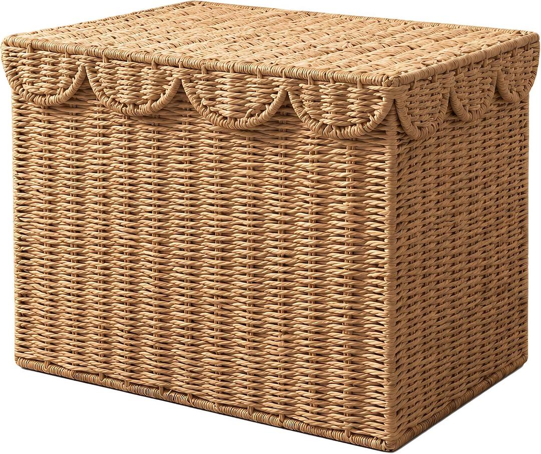 Scalloped Woven Storage Basket with Lid, Foldable, Large