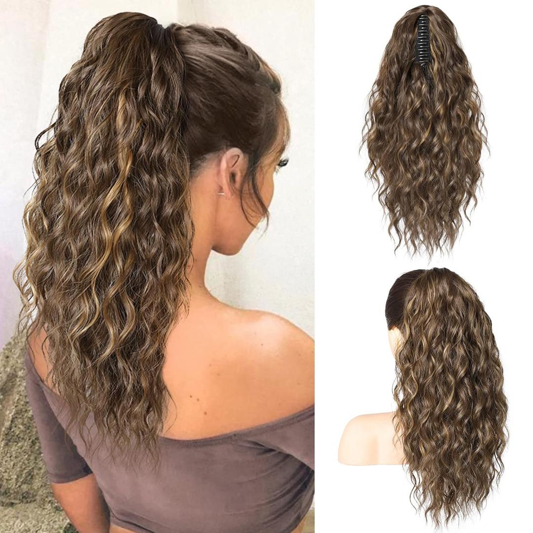 SEIKEA 18" Long Claw Highlight Ponytail Extension, PT002 Tia Multi Layered Hair Wavy Curly Fluffy Thick Jaw Clip in Hair Extensions Ponytail Soft Natural Hairpiece Medium Brown Dark Blonde Highlights