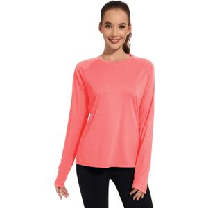 QBK Women's Neon T Shirt Long Sleeve T-Shirt Sun Protection UPF 50+ for Hiking Fishing Workout Rash Guard and Athletic Sports (Pink, S)