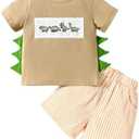 Toddler Baby Boy Clothes Dinosaur Embroidered Print Short Sleeve T-Shirt Elastic Striped Shorts Set 2 Piece Summer Outfits, Size 12-18M