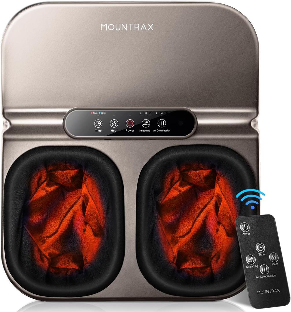 MOUNTRAX Foot Massager Machine with Heat, Foot Massager for Plantar Fasciitis, Neuropathy Pain, Shiatsu Foot Massager with Remote, Fits Feet Up to Men Size 12 (Gray)