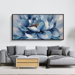 XLSJERST Large Flower Canvas Wall Art for Living Room - Blue and White Flower Picture Print Painting Wall Decor Framed Artwork Ready to Hang for Home Bedroom Wall Decoration Size 58x29
