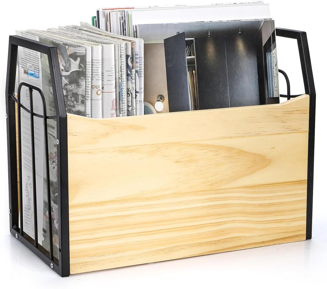 Wood Magazine Holder, Rustic Magazine Storage Rack Floor, Decorative File Book Organizer Basket for Desktop, Newspaper, Mails, Files