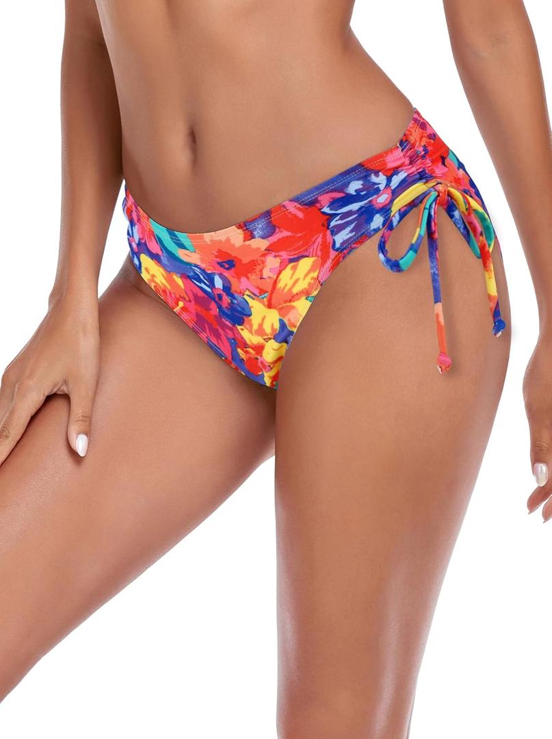 Ocean Blues Women's Full Coverage Swim Bottom Tie Sides Bikini Bottom (Large, Colorful Floral)