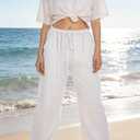 CHARTOU Women's Summer Drawstring Waist Wide Leg Loose Cotton Linen Palazzo Pants (White, S)