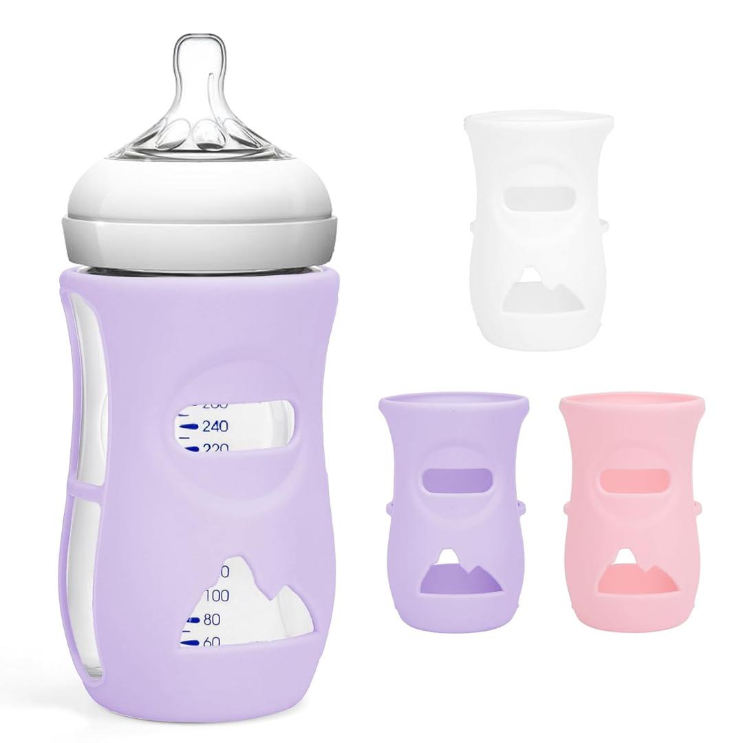 Silicone Sleeves for Avent Natural Glass Baby Bottles, BPA Free, Anti Breakage Baby Bottle Holder (Purple + White + Pink, 8 Ounce)