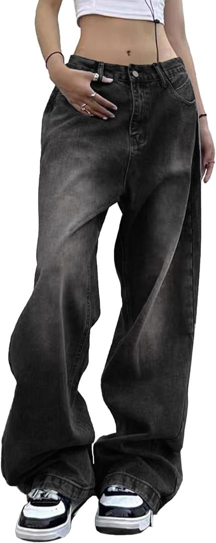 EMMIOL Women Wide Leg Jeans Mid-Low Waist Baggy Jeans Loose Boyfriends Jeans Y2K 90s Denim Pants (Small, Black)