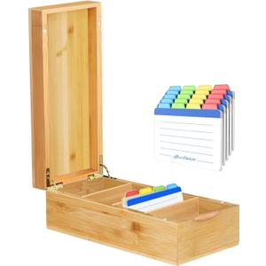 Neando Bamboo Business Card Organizer for 2x3.5 Cards  600-Card Capacity Wooden Holder with Lid, 4 Compartments, Includes 20 Thick Index Cards  Natural Mini Card Filing Box