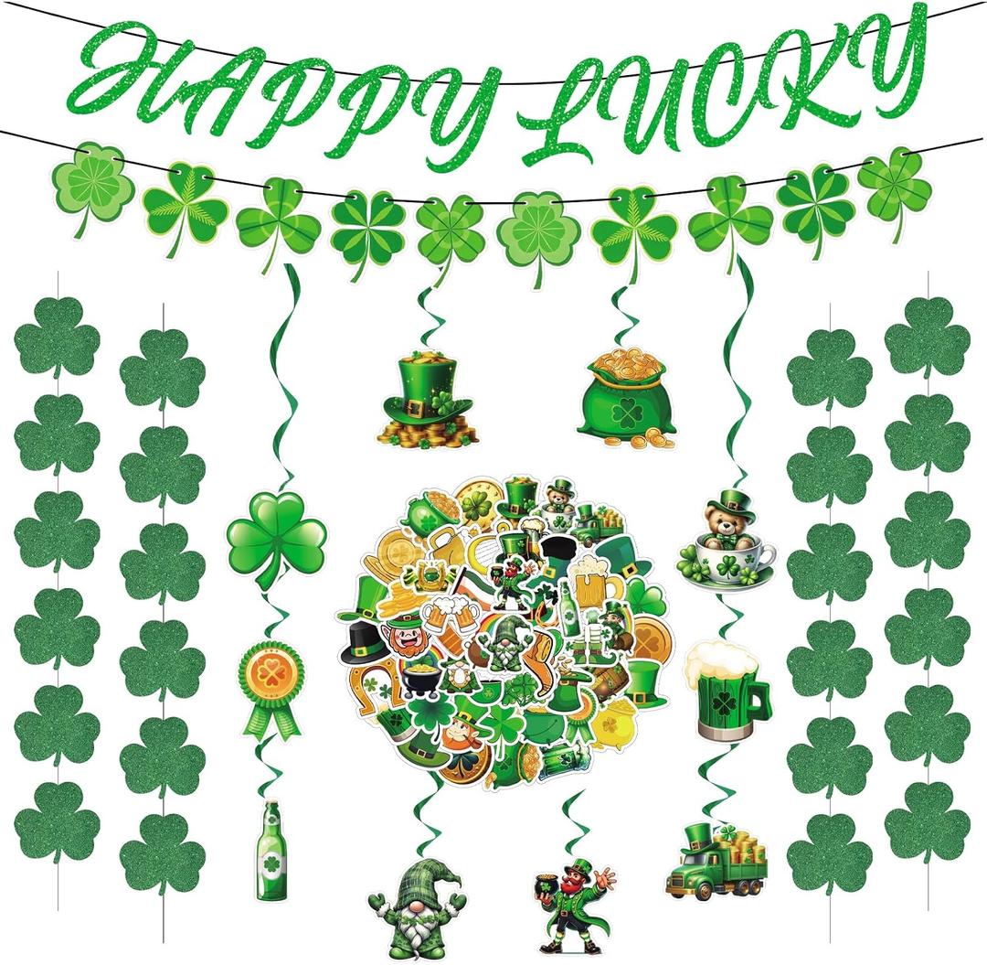 66PCS St. Patrick's Day Party Supplies Set with 2 Banner 4 Hanging Shamrock Clover 10 Hanging Swirls 50 Stickers Ornaments for Irish St. Patrick's Day Indoor Outdoor Party Decor