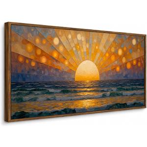 Large Abstract Sun Wall Art, Modern Sunset Ocean Canvas Painting, 24x48 In