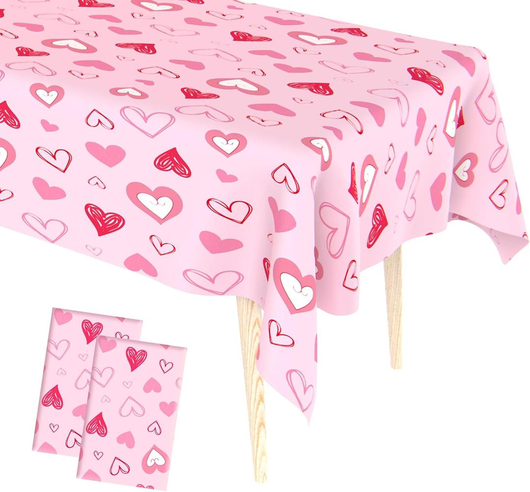 2 x Valentines Tablecloth, 4 PCS Disposable Plastic Valentines Day Tablecloth, 54 x 109 Inch Valentine Pink Table Cloth Rectangle, Heart Table Cover for Valentine Day Wedding