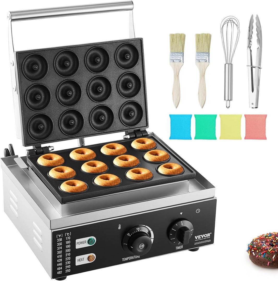 VEVOR Electric Donut Maker, 1550W Commercial Doughnut Machine with Non-stick Surface, 12 Hole Double-Sided Heating Waffle Machine Makes 12 Doughnuts, Temperature 122-572, for Restaurant & Home Use