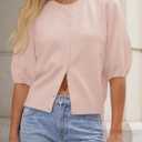 Saodimallsu Womens Puff Half Sleeve Cardigan Lightweight Knit 2026 Spring Summer Crew Neck Button Down Sweater Tops (Pink, Large)