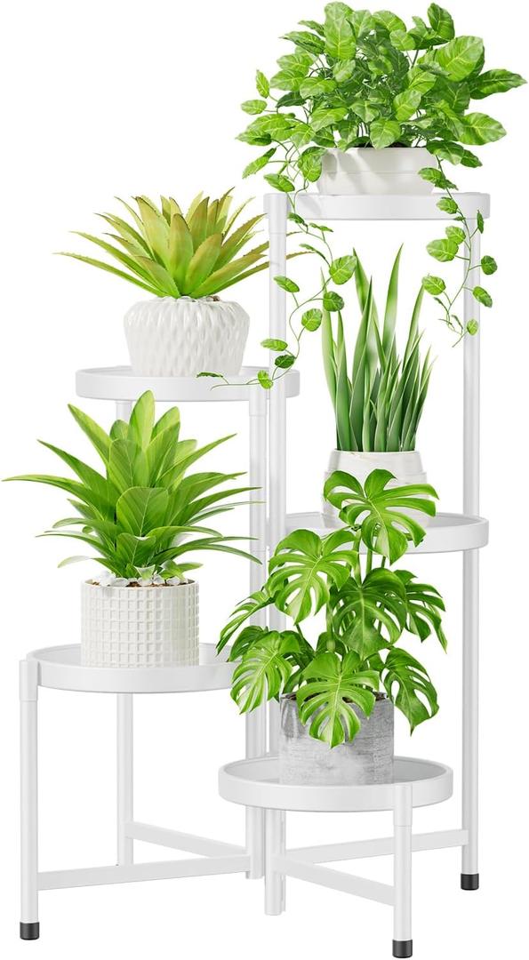 iDavosic.ly 5 Tier Metal Plant Stand Shelf for Indoor Outdoor, Rustproof Corner Flower Pot Holder Stand, Multi-tier Foldable Planter Rack Display Shelves for Patio Living Room Balcony Office (White)