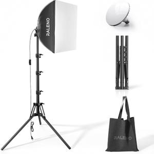 RALENO Softbox Photography Lighting Kit, 16'' x 16'' Softbox Lighting for TikTok with LED Bulb (50W | 5500K | 97 CRI | TLCI97), Continuous Light for Video Recording & Photography Shooting (Black)