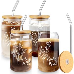Layhit 4 Pcs Bridesmaid Gifts Bridesmaid Proposal Gifts 16 Oz Cute Can Shaped Drinking Glasses with Bamboo Lids and Glass Straw Iced Coffee Cup Mason Jar Cups for Engagement Wedding Bridal