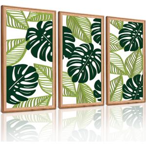 TOARTi 3PCS Framed Tropical Green Leaf Wooden Wall Art Set(16x32 inches), Botanical Palm Leaves Wall Sculptures, 3D Hollow Abstract Nature Wall Decor for Home Bedroom Living Room