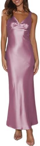 Womens Elegant Satin V Neck Backless Sleeveless Maxi Dress Silk Tie Low Back Formal Cocktail Dresses Wedding Guest XS