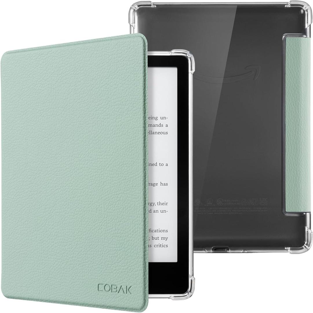 CoBak Case for Kindle Paperwhite (6.8" 11th Generation 2021 Released) & Paperwhite Signature Edition- New PU Leather Cover and Clear Soft Silicone Back Cover with Auto Sleep Wake Feature (A-Sage Green)