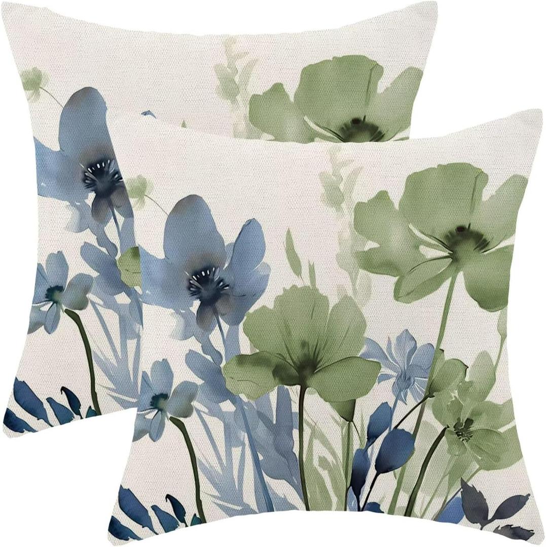 AEIOAE Spring Floral Pillow Covers 18 x 18 Inch Set of 2, Navy Blue Sage Green Flower Decorative Throw Pillow Covers Outdoor Linen Farmhouse Decor Pillowcase for Home Sofa