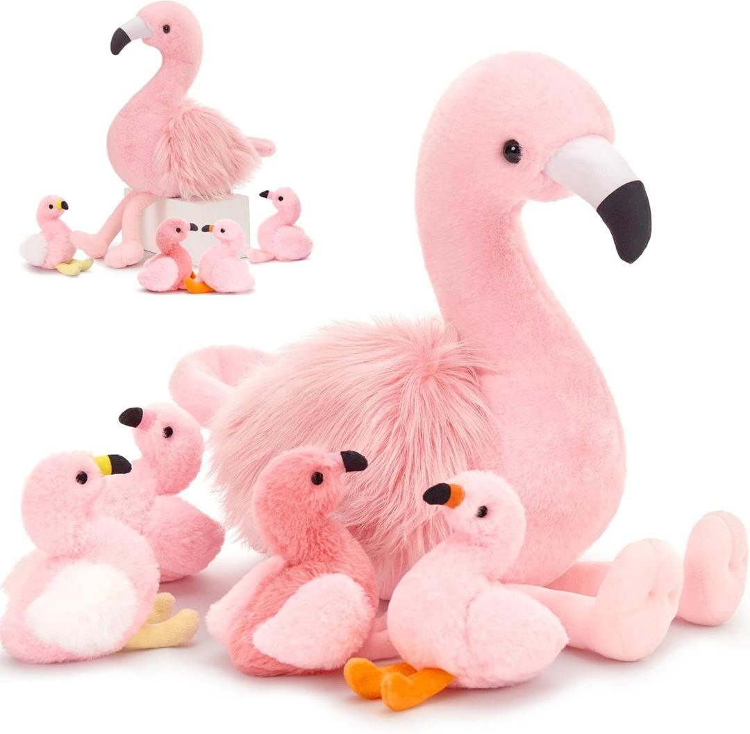 MorisMos Plush Flamingo Stuffed Animals-18in Mommy Stuffed Flamingo with 4 Baby Bird Toys for Girls Boys,Pink Bird Stuffed Animal Gift for Kids Women Birthday Decor Baby Shower Christmas