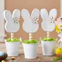 Yousoontic 3 Pcs Neutral Wooden Bunny Standing Table Decor Rustic Bunny Table Centerpiece Signs Rustic Rabbits Mini Potted Signs with Flowers Neutral Farmhouse Rabbits Gifts Easter Tabletop Decor