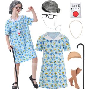 qnprt 100 Days of School Costume 100th Old Lady Costume for Kids Girls Grandma Dress Up
