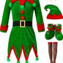 Christmas Elf Costume Set Dress Santa's Helper Xmas Outfit with Hat Ears Belt Socks Shoes 12Y L