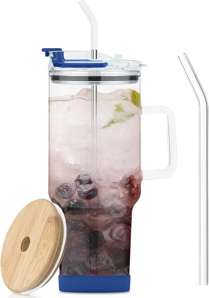 40oz Glass Tumbler with Straw and Lid,Glass Tumbler with Handle,Drinking Glasses with Silicone Coaster,Water Cup,Smoothie Cups,Ice Coffee Mug,Fits In Cup Holder(Navy Blue)