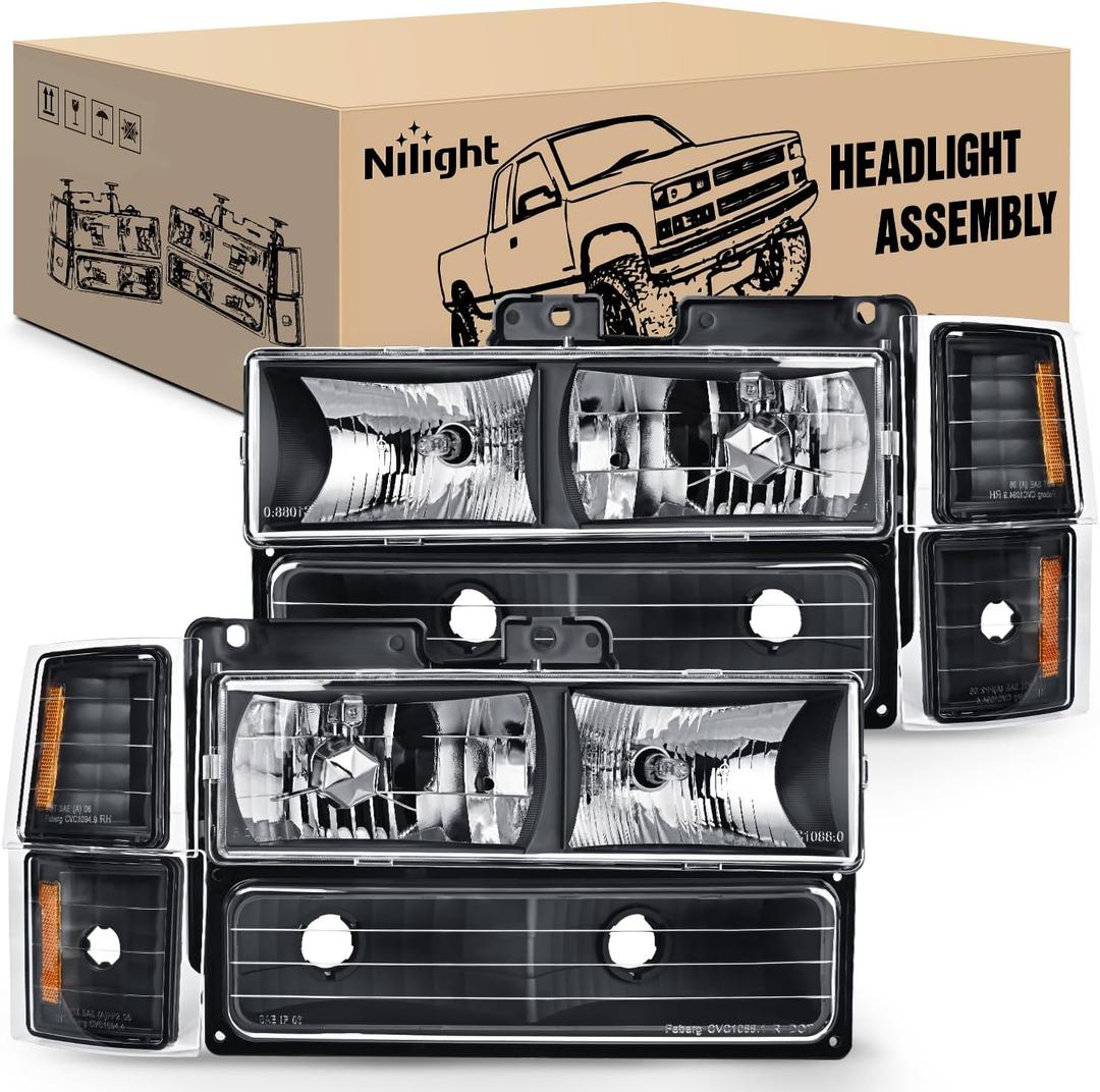 Nilight Headlight Assembly for 1994 1995 1996 1997 1998 Chevy Silverado Tahoe Suburban C10 C/K 1500 2500 3500 Replacement Headlamp Black Housing Amber Reflector Bumper Corner Lamp