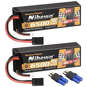 Nihewo 2Packs 2S Lipo Battery 7.4V 6500mAh RC Lipo Battery Pack 90C Hard Case with Tr Plug + EC5 Adapter Compatible with Arrma Axial 1/8 and 1/10 RC Truck Vehicles Car Truggy Buggy Racing Models