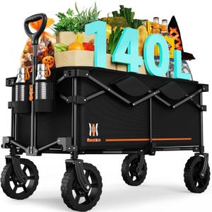 Navatiee 140L Collapsible Folding Wagon, Large Capacity Foldable Wagon with Silent All-Terrain Wheels, Utility Grocery Cart for Camping Shopping Outdoor, Black