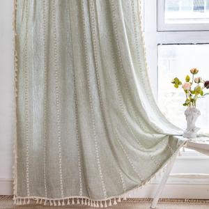 RoomTalks Sage Green Boho Farmhouse Curtains for Bedroom Living Room 84 Inch Length French Country Spring Cute Textured Window Curtain Panels Striped Bohemian Chic Tassel Draperies, 84L x 52W