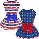 2-Pack 4th of July Dog Dress Independence Day Puppy Cat Dresses USA Flag Pet Clothes Costume Dog Stripes Stars Outfits Skirts for Small Medium Dogs S