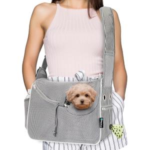PetAmi Small Dog Sling Carrier, Soft-Sided Crossbody Puppy Carrying Purse Bag, Adjustable Sling Pet Pouch to Wear Medium Cat Travel, Dog Bag for Traveling, Poop Bag Dispenser, Max 10 lbs, Stripe Black