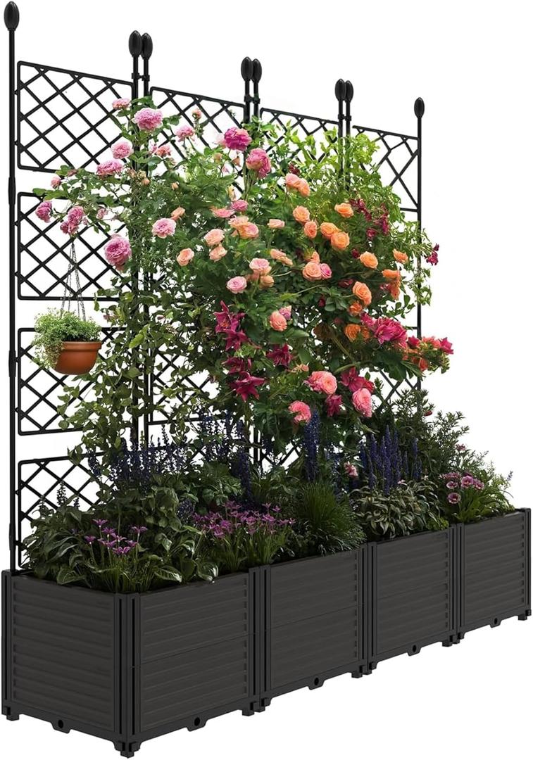 4pcs Raised Garden Bed with Trellis & Privacy Screen, 63" h Tall Vertical Planter Box for Climbing Plants, Outdoor Garden Planter Box with Drainage Holes for Patio Balcony, Black