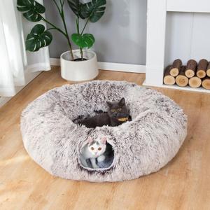 LUCKITTY Warm Fluffy Plush Cat Tunnel Bed Under Christmas Tree Big Tube Playground Toys 3 FT Diameter Longer Crinkle Collapsible 3 Way, for Indoor Cat Kitty Kitten Puppy Rabbit Ferret Brown