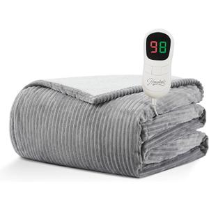 HomeMate Heated Blanket Electric Throw - 50"x60" Heating Blanket Throw 1/2/4/6/8 Hours Auto-Off 10 Heat Levels Blanket Over-Heat Protection Soft Flannel Sherpa Heater ETL Certification (50 Inch x 60 Inch, Light Grey (Striped))