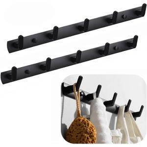 Wall Mounted Coat Racks with 5 Hooks Hanging Holder Towel Rack 17.7"x1.3" Modern Black Hanging for Clothes Entryway Bathroom (5 Hooks(2 Packs))