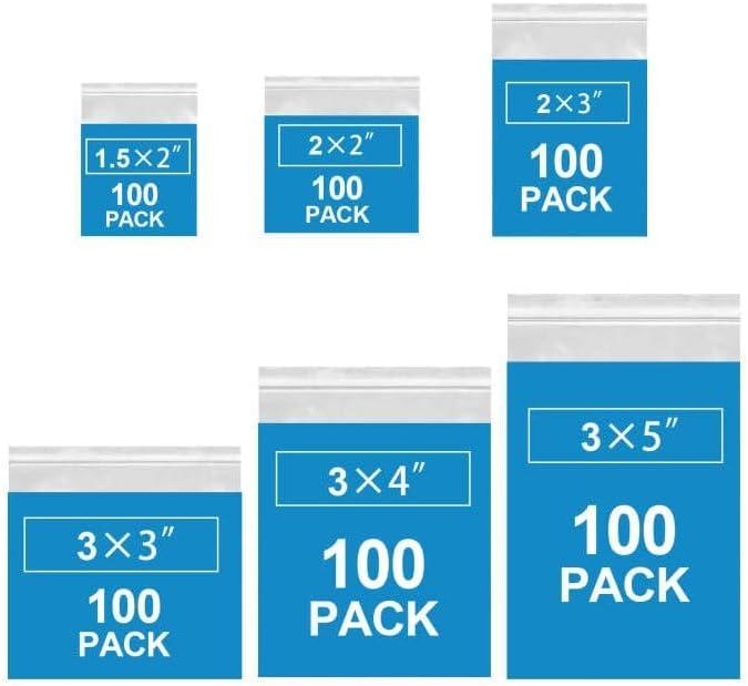 600 Pack Mini Zipper Lock Plastic Bags, Assorted Sizes (1.5x2, 2x2, 2x3, 3x3, 3x4, 3x5 Inch)  Clear, Resealable Storage Bags for Jewelry, Beads, Pills, Toys, Snacks  2 Mil Thick
