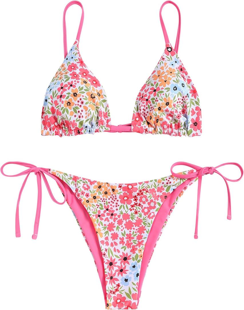 ZAFUL Women's Triangle Bikini Floral String Bikini Set Two Piece Swimsuit Bathing Suits (Medium, 2-coral Pink)