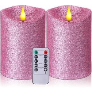 Retisee 2 Pcs Valentine's Day Glitter Flameless Candles, 3.5'' x 5'' Realistic Artificial Metallic Flame LED Candles Battery Operated Candle with Remote for Wedding, Birthday(Pink)
